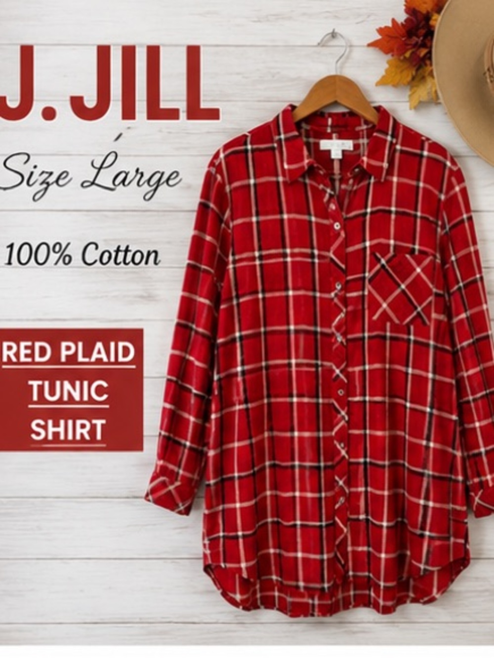 J. Jill Large Red Plaid 100% Cotton Button Front Tunic Shirt Long Sleeve Flannel - Picture 2 of 8